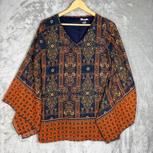 Wrangler Womens Boho Top Paisley Bell Sleeve‎ Medium Blue Orange Western Peasant